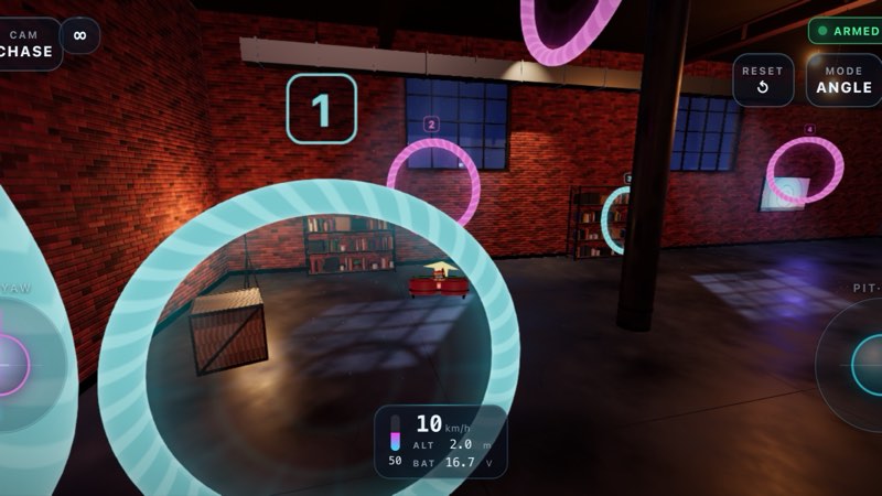 Drone Sim chase camera on a phone: the quad heads for a cyan ring in the Night Loft, with on-screen sticks and the speed and altitude readout