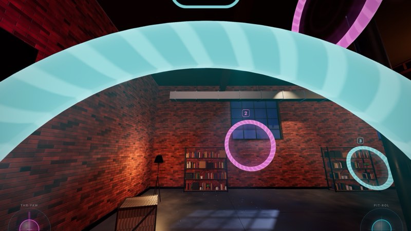 Drone Sim FPV view: flying under a cyan ring towards numbered rings in a brick loft