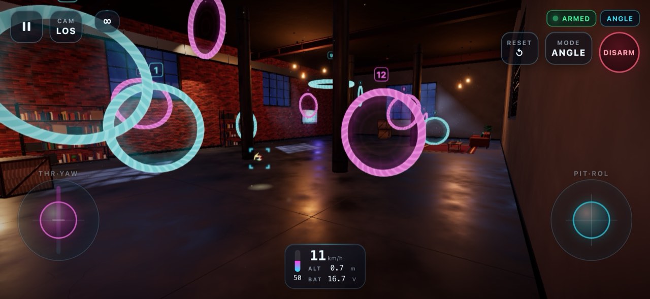 Drone Sim line-of-sight view: a racing quad flies between glowing cyan and magenta rings in a brick loft at night