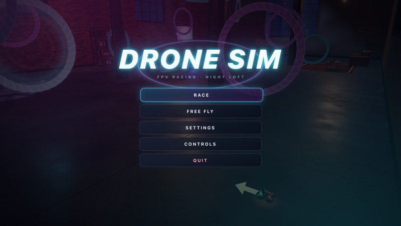 Drone Sim main menu over the Night Loft: Race, Free Fly, Settings, Controls and Quit