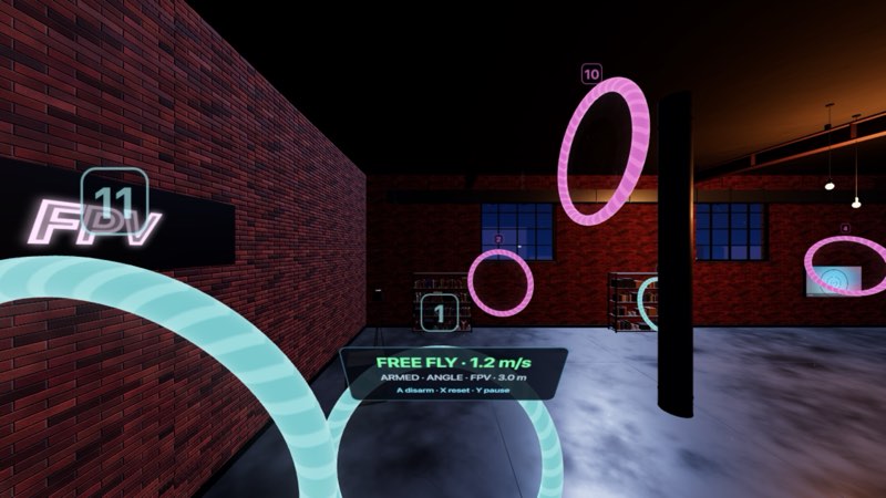 Meta Quest VR view of the loft with a Free Fly status panel showing speed, mode and camera